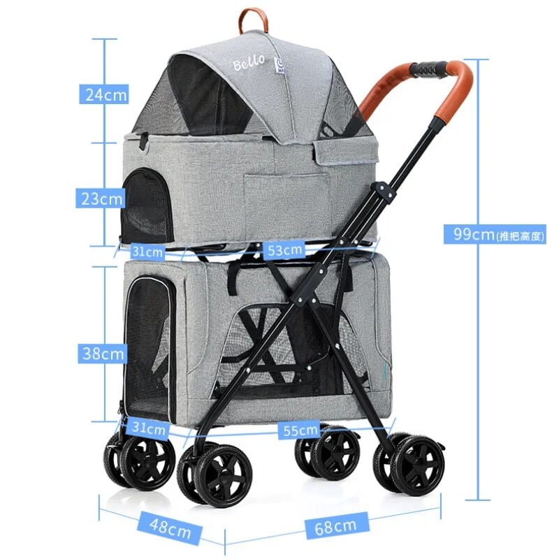 Gray Lightweight Folding Double-layer Pet Stroller Dog Large Space Trolley Cage Four-wheel Outdoor Travel Cat Casual