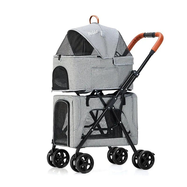 Gray Lightweight Folding Double-layer Pet Stroller Dog Large Space Trolley Cage Four-wheel Outdoor Travel Cat Casual