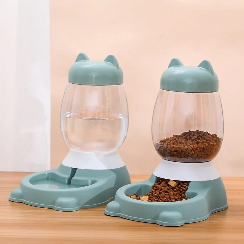 Green two bowls HOOPET 2022 New Cat Bowl 3 Colors Pet Automatic Feeder Dog Drinking Bowl Dispenser for Puppy Cat Food Water Bowl Pet Accessaries Cat Casual